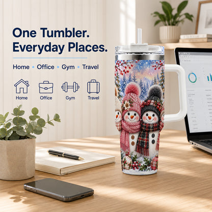 #pl[40oz|White] Cozy Snowman 40oz Tumbler, Plaid Winter Friends Stainless Steel Travel Cup
