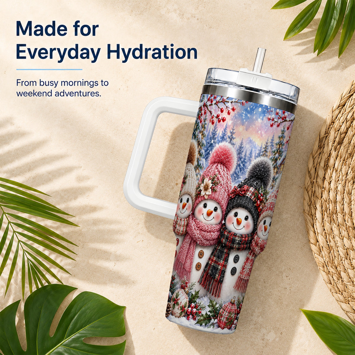 #pl[40oz|White] Cozy Snowman 40oz Tumbler, Plaid Winter Friends Stainless Steel Travel Cup