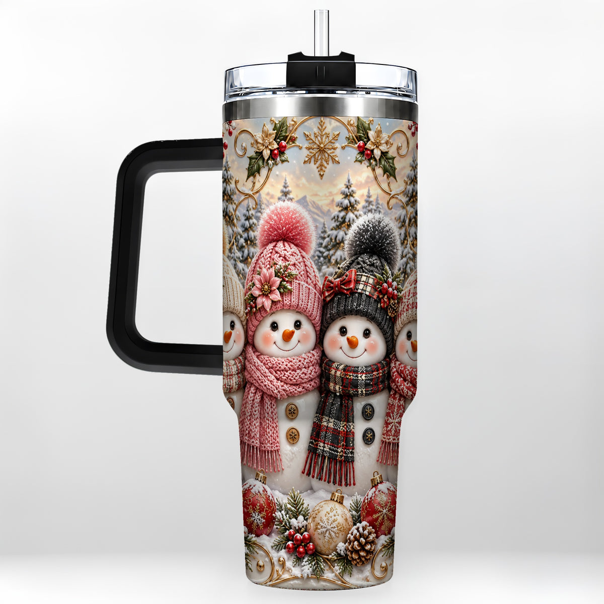 #pl[40oz|Black] Festive Snowman 40oz Tumbler, Golden Winter Stainless Steel Travel Cup