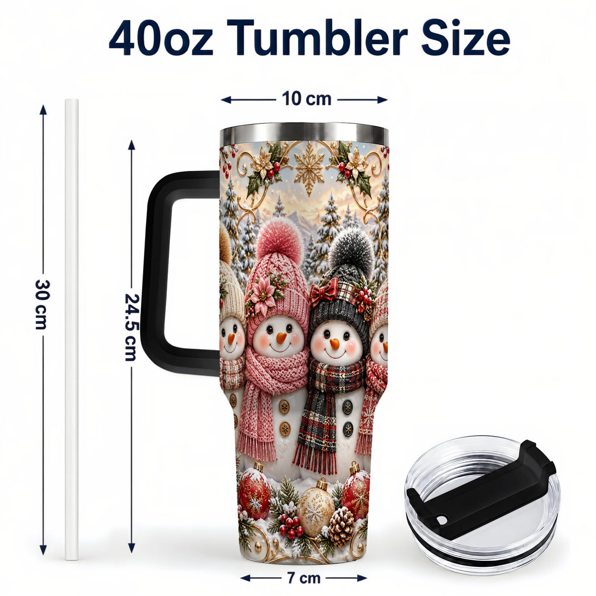 #pl[40oz|Black] Festive Snowman 40oz Tumbler, Golden Winter Stainless Steel Travel Cup