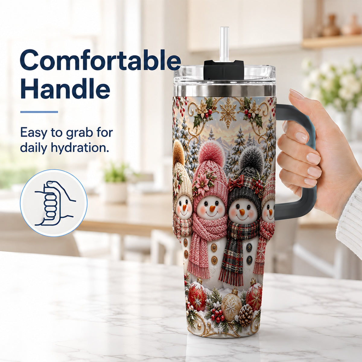#pl[40oz|Black] Festive Snowman 40oz Tumbler, Golden Winter Stainless Steel Travel Cup