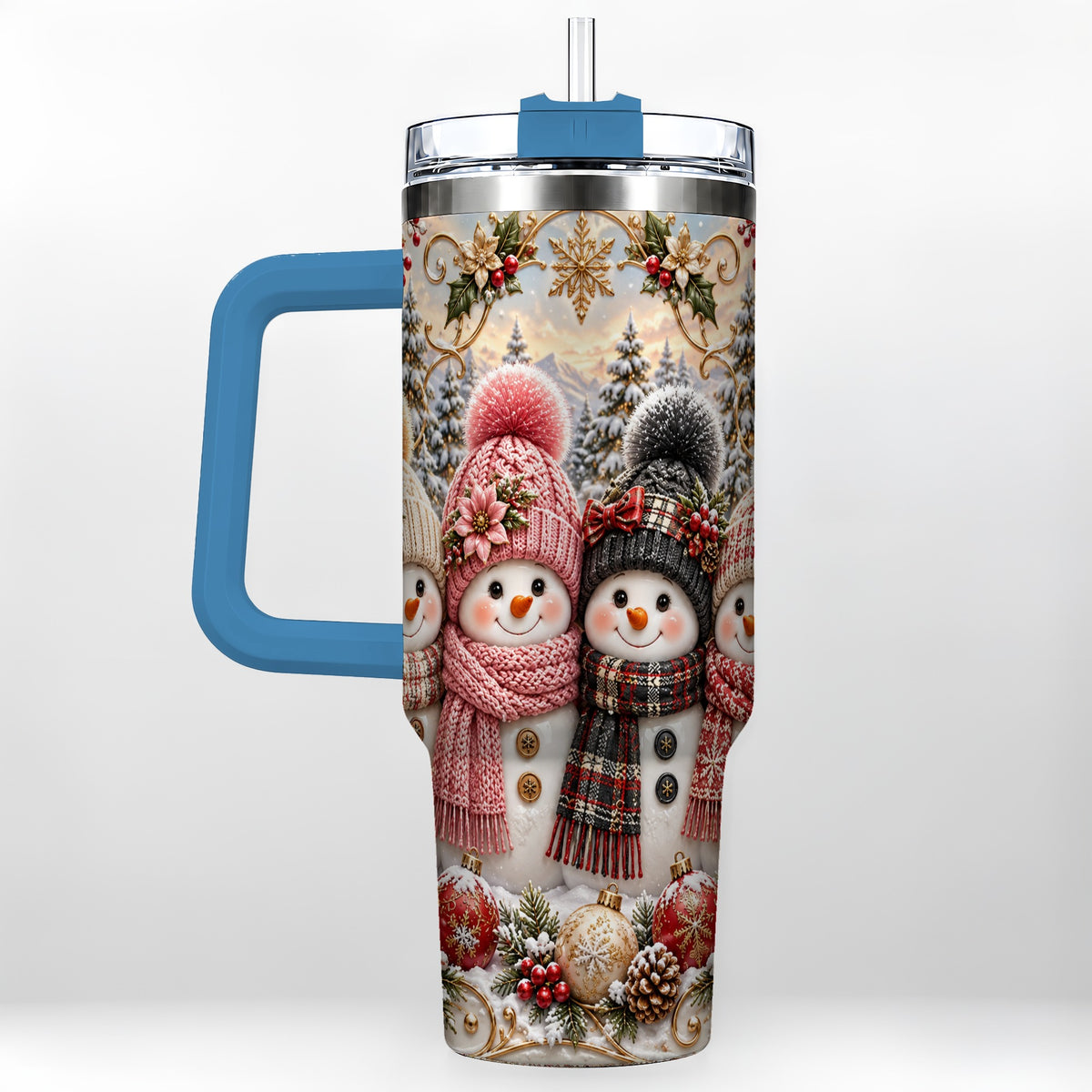 #pl[40oz|Blue] Festive Snowman 40oz Tumbler, Golden Winter Stainless Steel Travel Cup