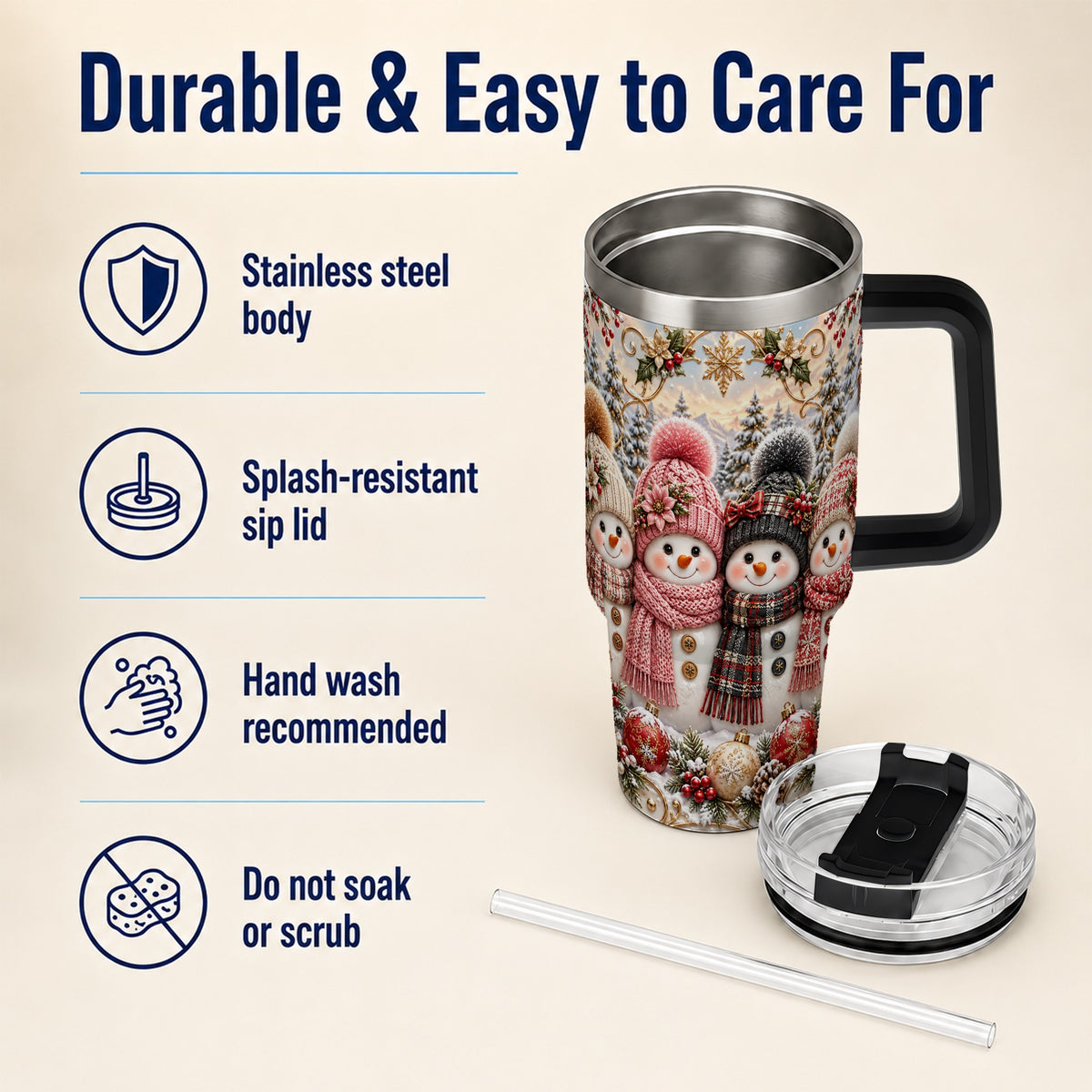 #pl[40oz|Black] Festive Snowman 40oz Tumbler, Golden Winter Stainless Steel Travel Cup