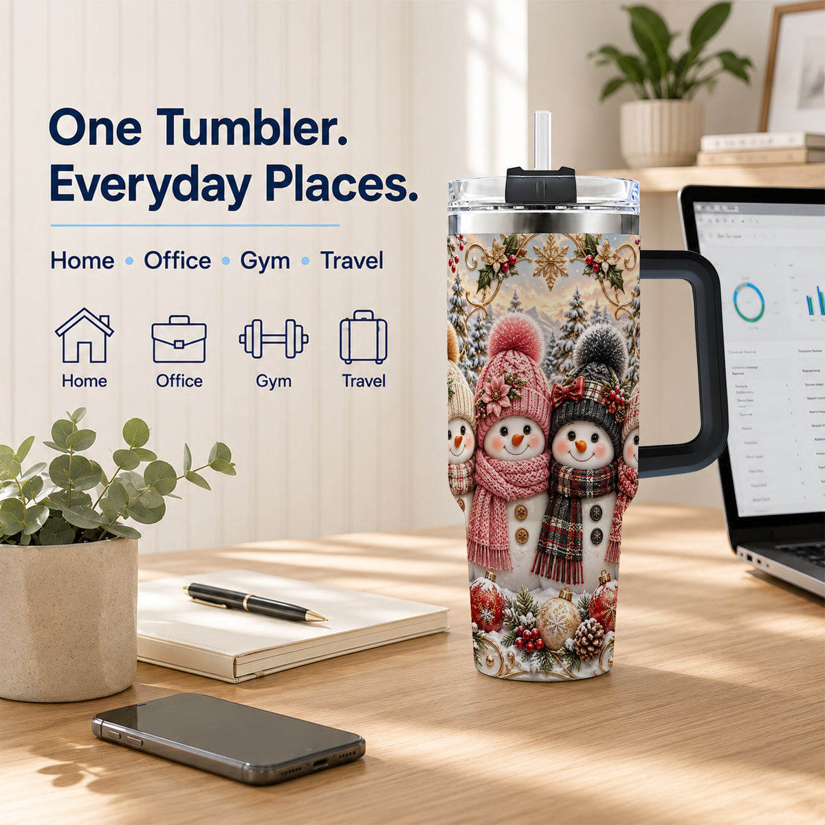 #pl[40oz|Black] Festive Snowman 40oz Tumbler, Golden Winter Stainless Steel Travel Cup