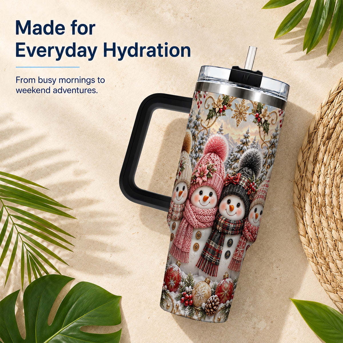 #pl[40oz|Black] Festive Snowman 40oz Tumbler, Golden Winter Stainless Steel Travel Cup