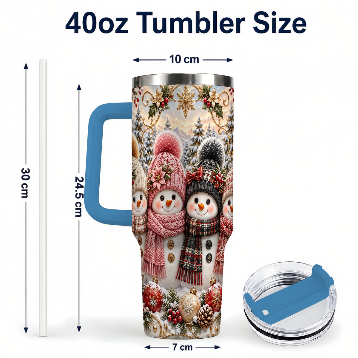 #pl[40oz|Blue] Festive Snowman 40oz Tumbler, Golden Winter Stainless Steel Travel Cup
