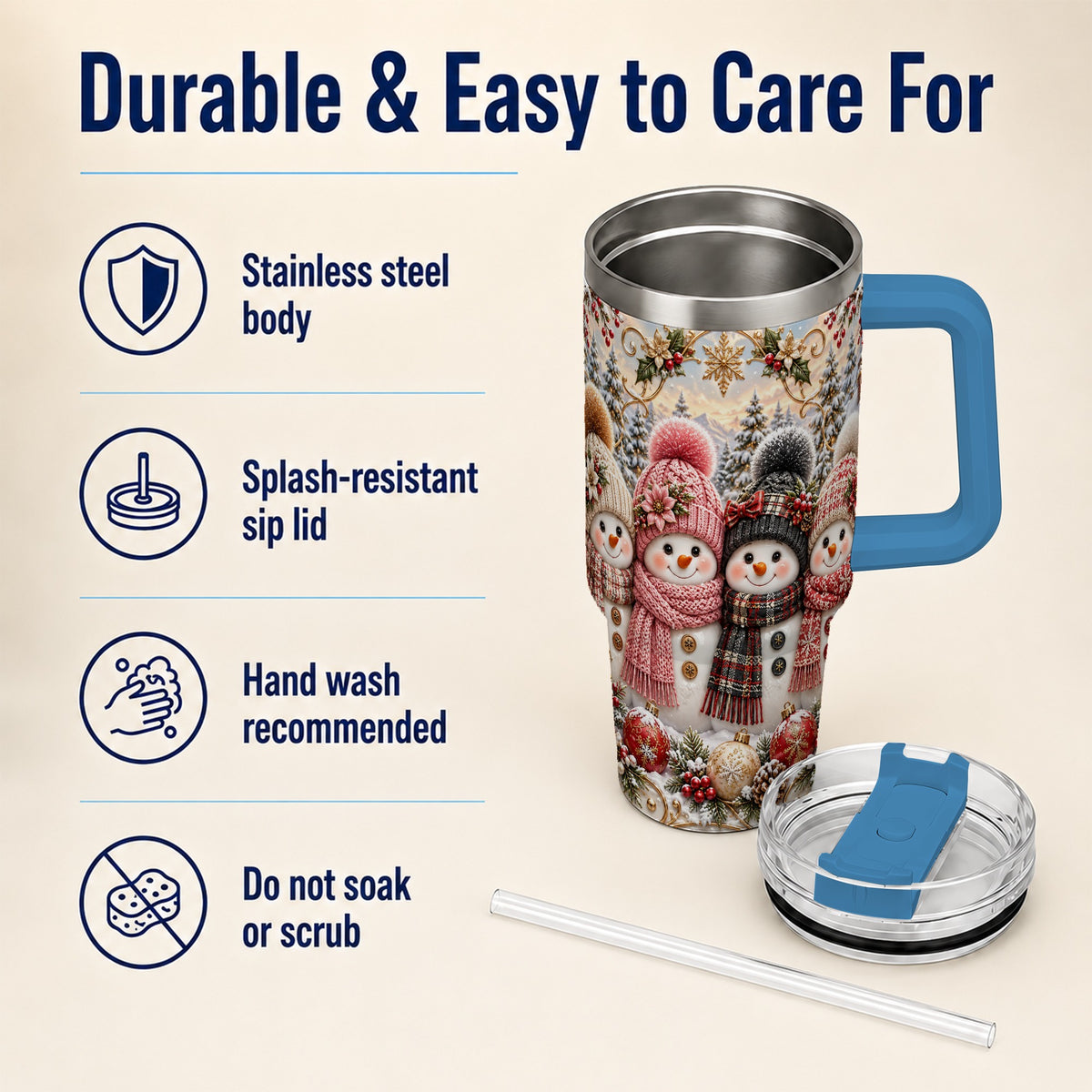 #pl[40oz|Blue] Festive Snowman 40oz Tumbler, Golden Winter Stainless Steel Travel Cup
