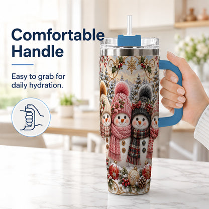 #pl[40oz|Blue] Festive Snowman 40oz Tumbler, Golden Winter Stainless Steel Travel Cup