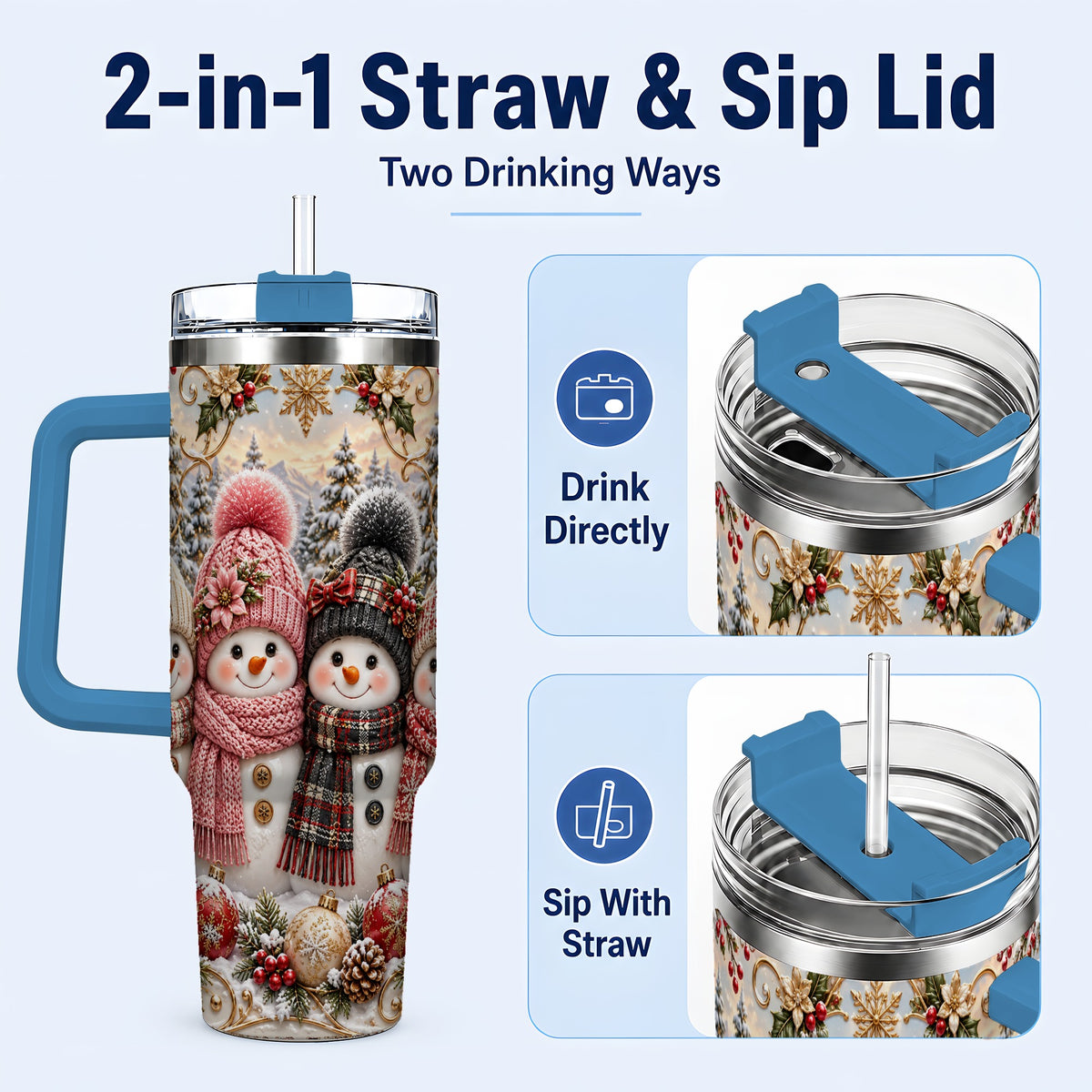 #pl[40oz|Blue] Festive Snowman 40oz Tumbler, Golden Winter Stainless Steel Travel Cup