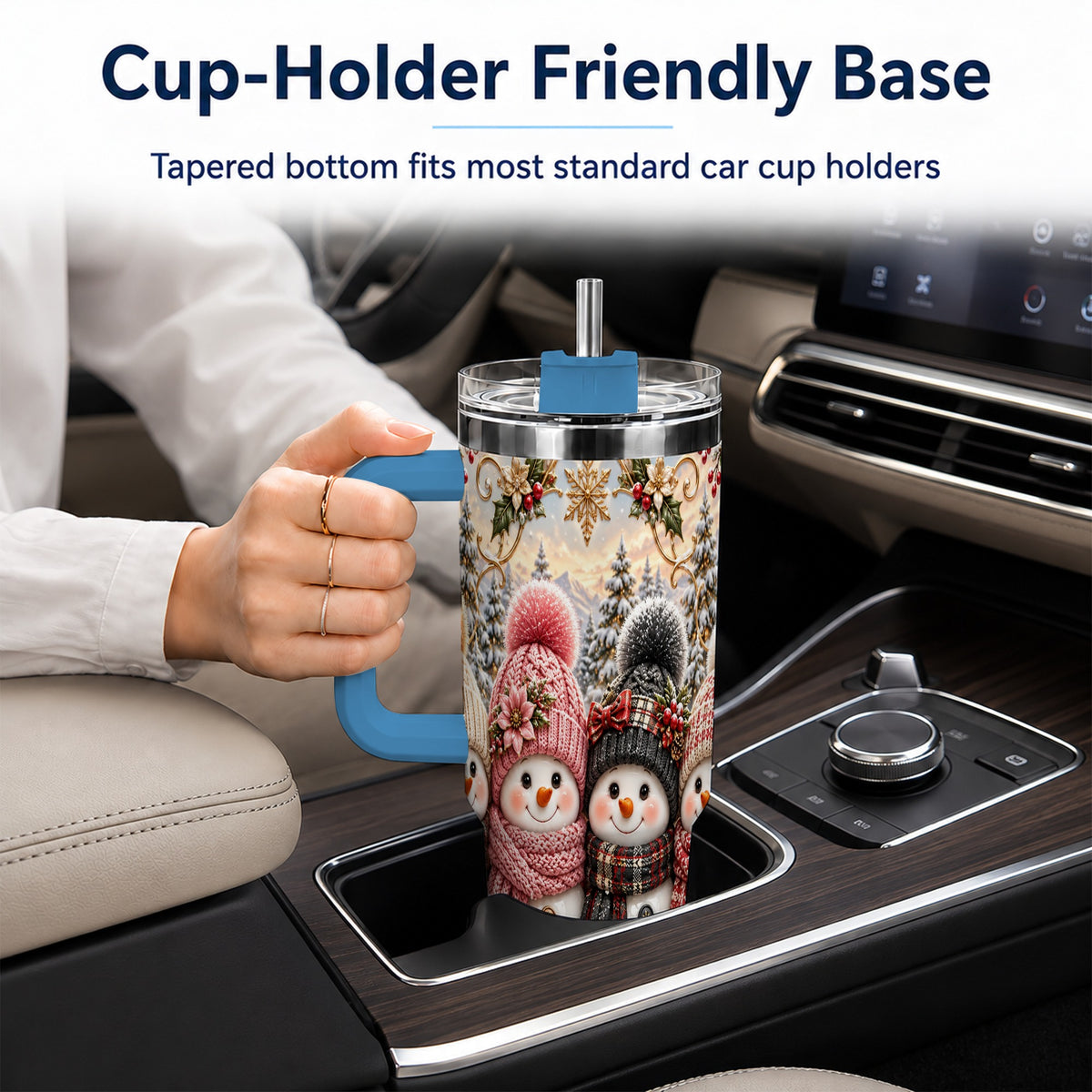 #pl[40oz|Blue] Festive Snowman 40oz Tumbler, Golden Winter Stainless Steel Travel Cup