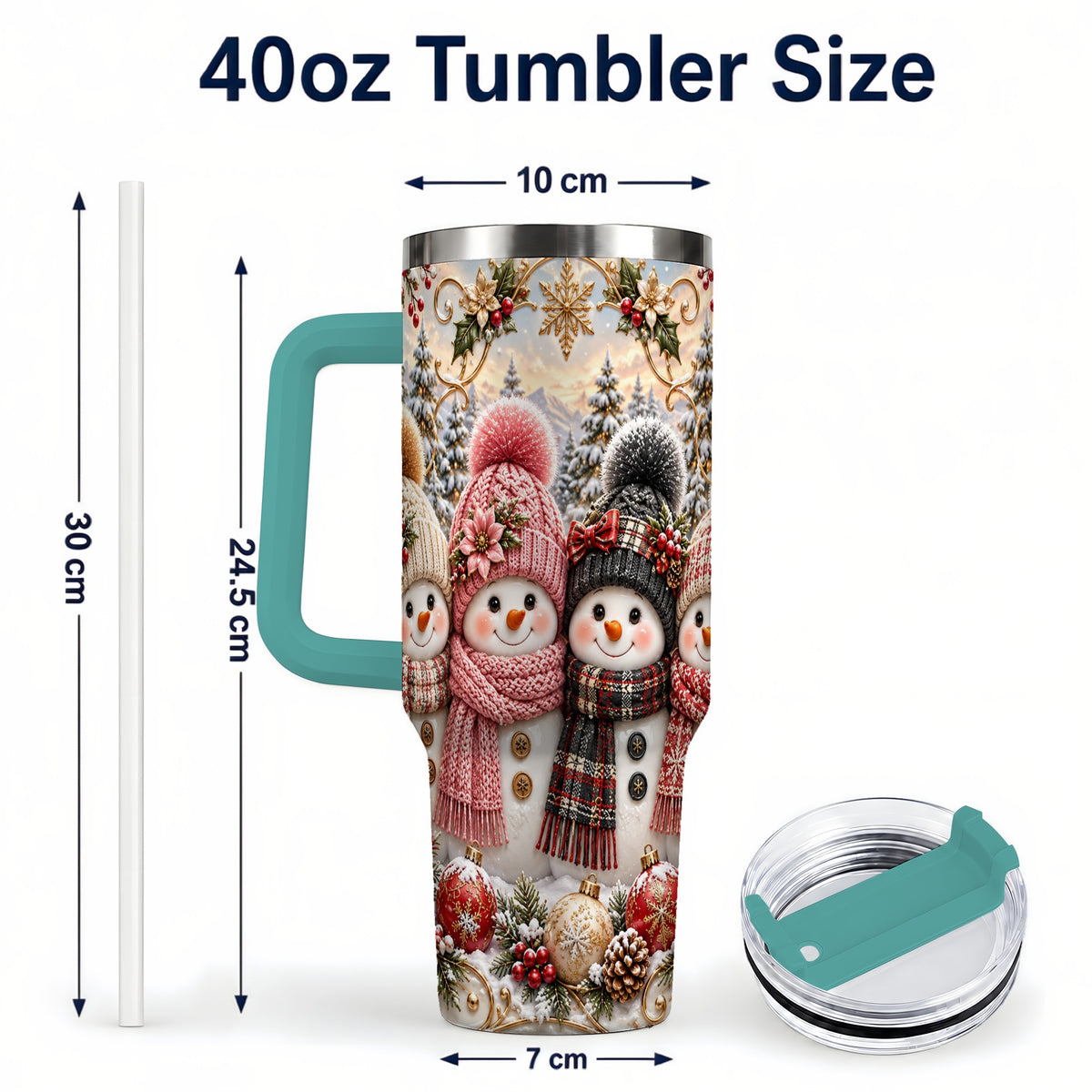 #pl[40oz|Green] Festive Snowman 40oz Tumbler, Golden Winter Stainless Steel Travel Cup