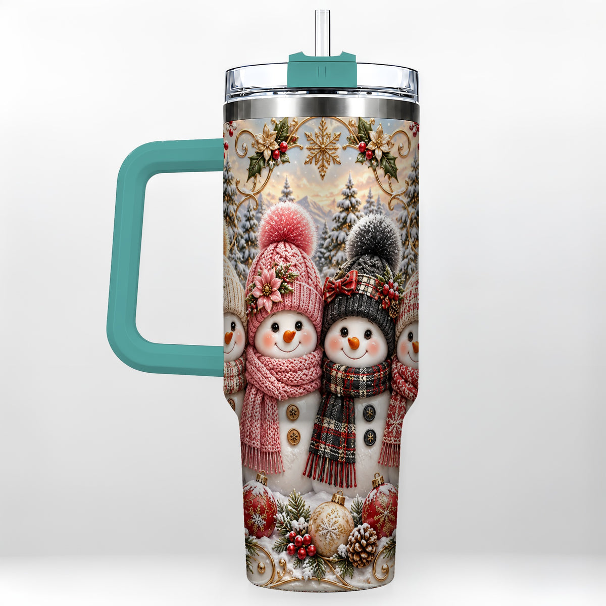 #pl[40oz|Green] Festive Snowman 40oz Tumbler, Golden Winter Stainless Steel Travel Cup