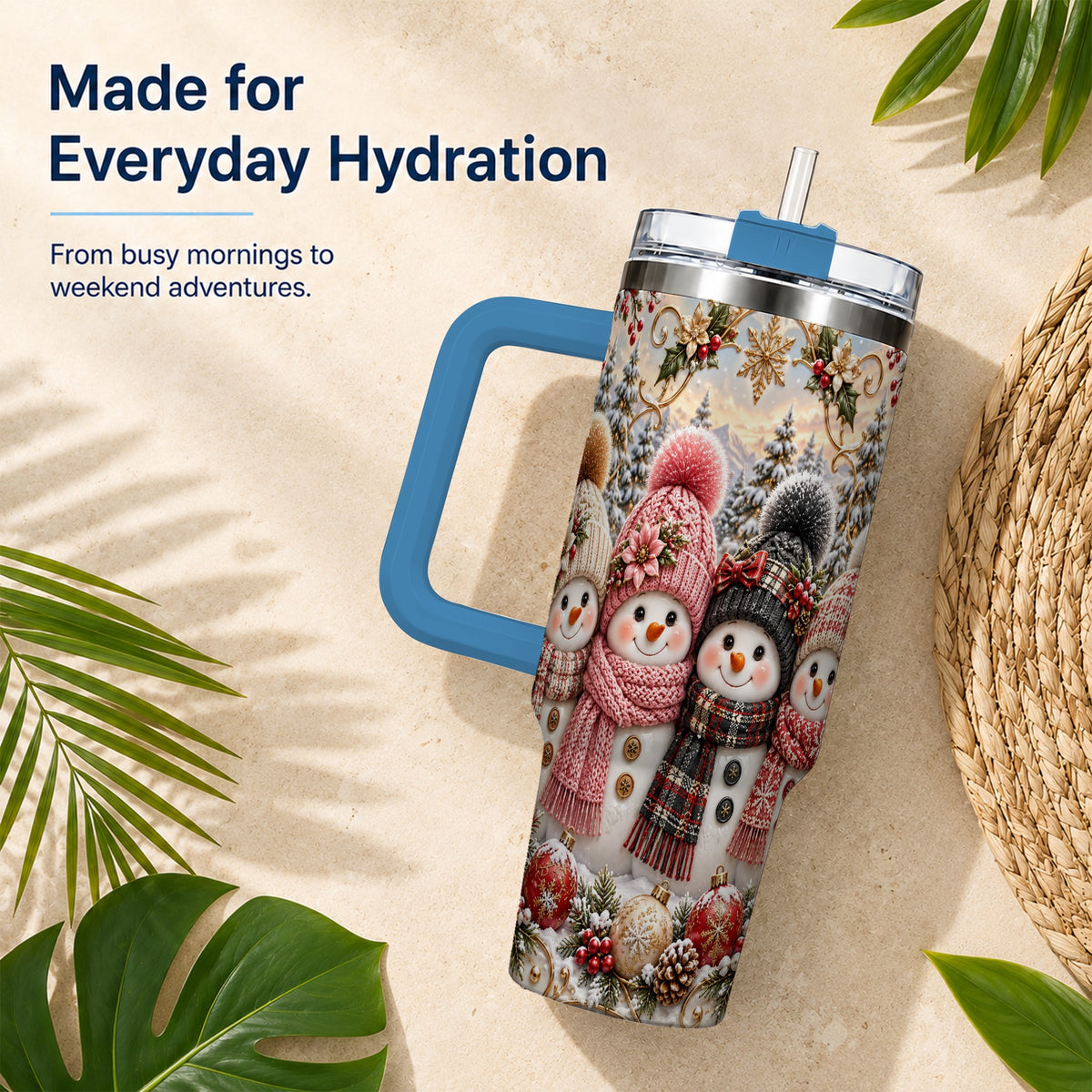 #pl[40oz|Blue] Festive Snowman 40oz Tumbler, Golden Winter Stainless Steel Travel Cup