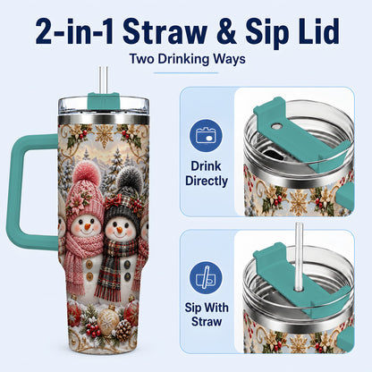 #pl[40oz|Green] Festive Snowman 40oz Tumbler, Golden Winter Stainless Steel Travel Cup