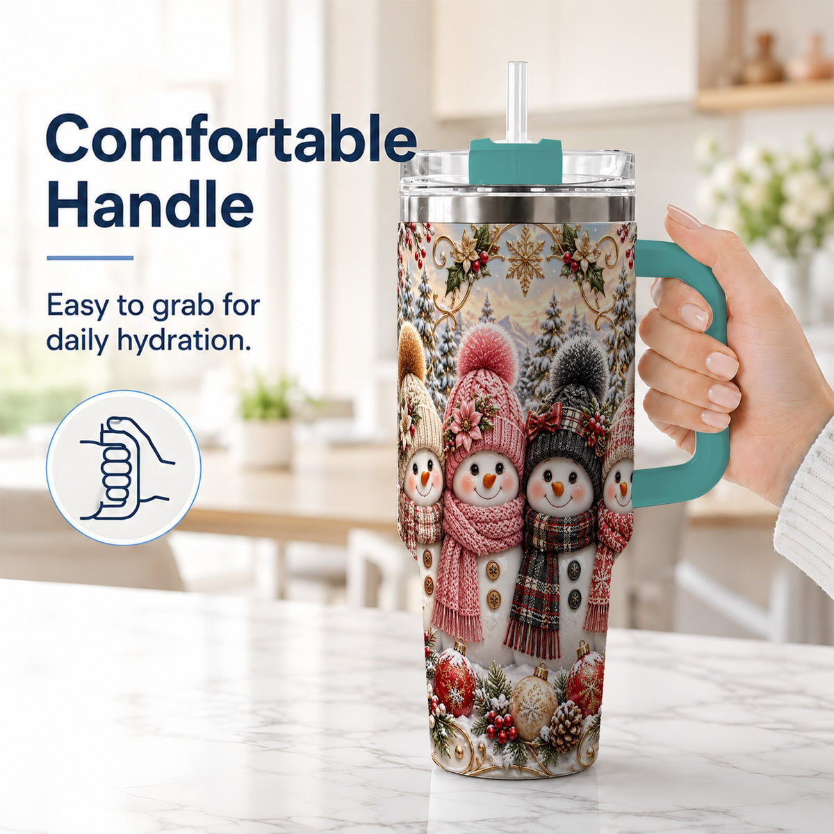 #pl[40oz|Green] Festive Snowman 40oz Tumbler, Golden Winter Stainless Steel Travel Cup