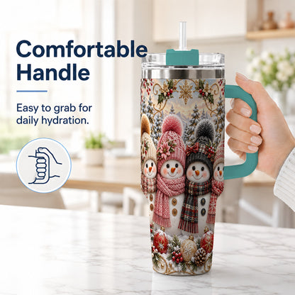 #pl[40oz|Green] Festive Snowman 40oz Tumbler, Golden Winter Stainless Steel Travel Cup