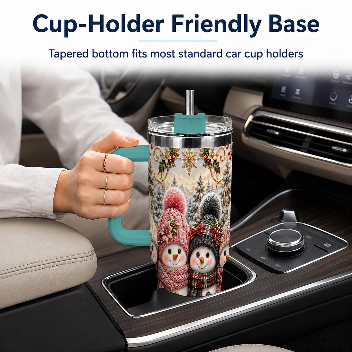 #pl[40oz|Green] Festive Snowman 40oz Tumbler, Golden Winter Stainless Steel Travel Cup