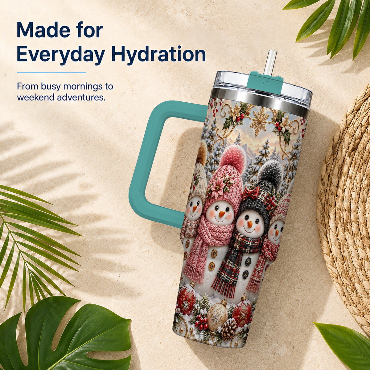 #pl[40oz|Green] Festive Snowman 40oz Tumbler, Golden Winter Stainless Steel Travel Cup