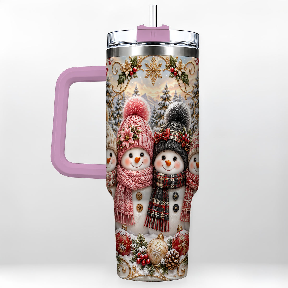 #pl[40oz|Pink] Festive Snowman 40oz Tumbler, Golden Winter Stainless Steel Travel Cup