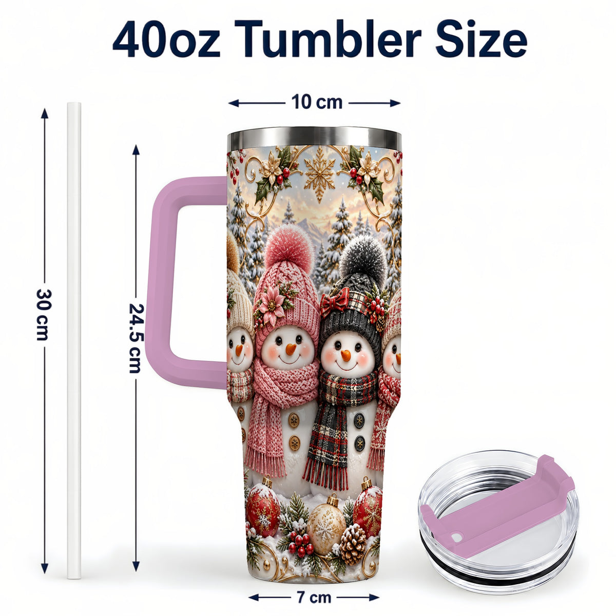 #pl[40oz|Pink] Festive Snowman 40oz Tumbler, Golden Winter Stainless Steel Travel Cup