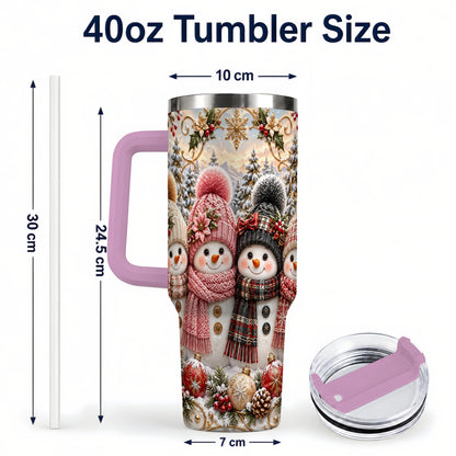 #pl[40oz|Pink] Festive Snowman 40oz Tumbler, Golden Winter Stainless Steel Travel Cup