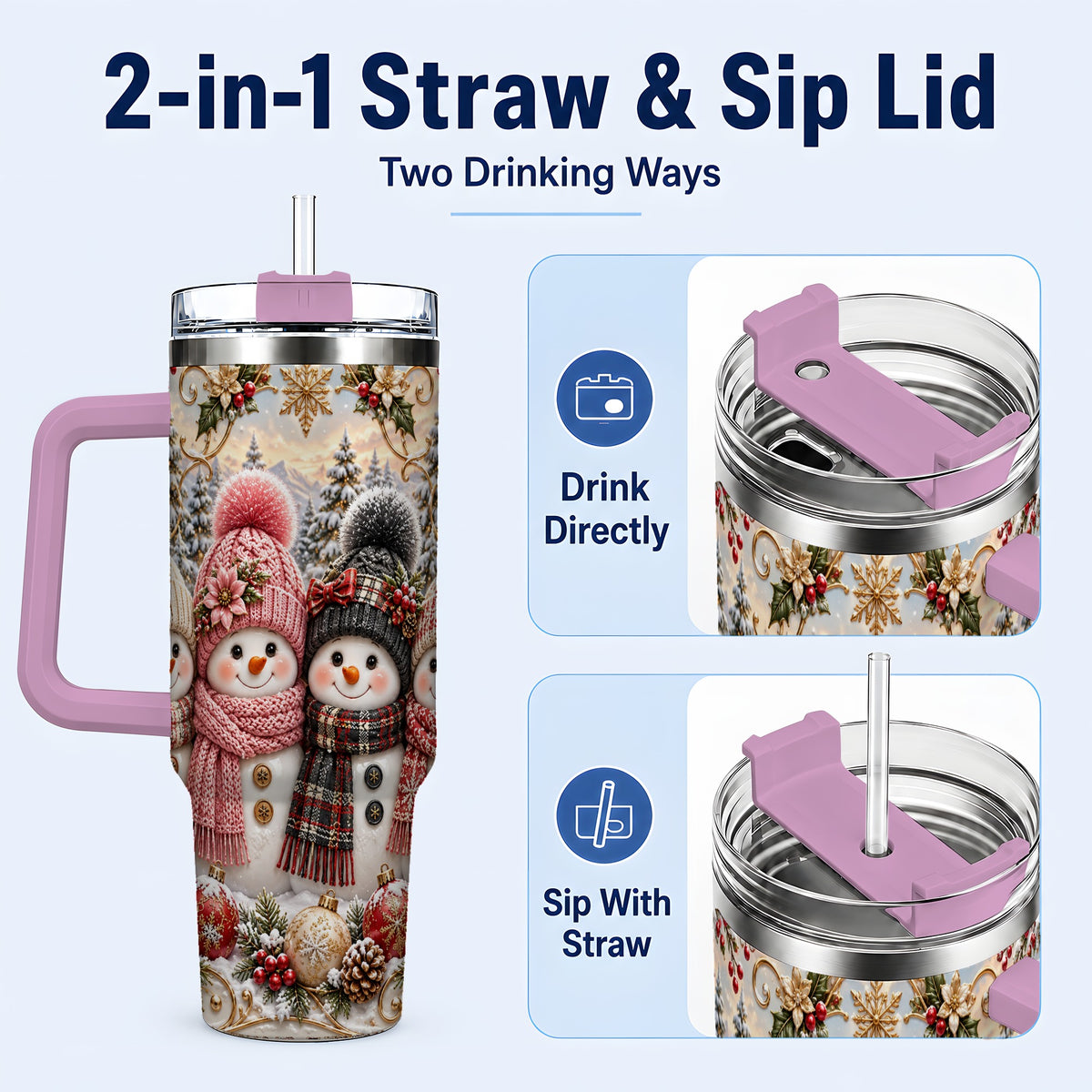 #pl[40oz|Pink] Festive Snowman 40oz Tumbler, Golden Winter Stainless Steel Travel Cup