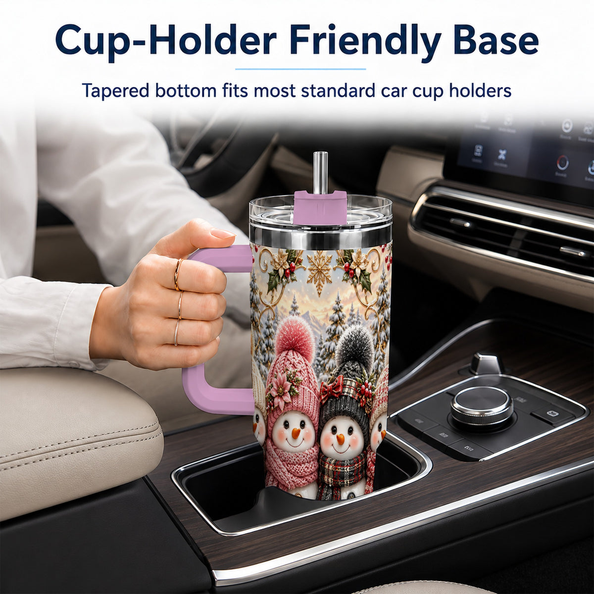 #pl[40oz|Pink] Festive Snowman 40oz Tumbler, Golden Winter Stainless Steel Travel Cup