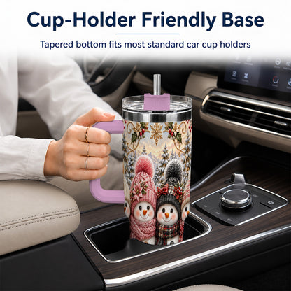 #pl[40oz|Pink] Festive Snowman 40oz Tumbler, Golden Winter Stainless Steel Travel Cup