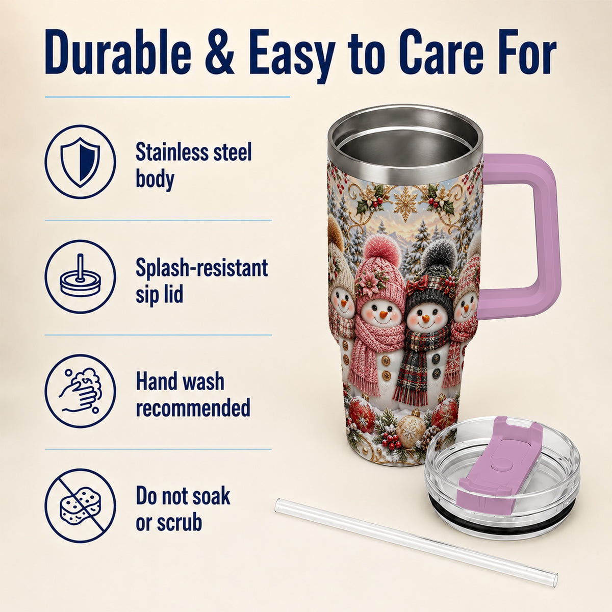 #pl[40oz|Pink] Festive Snowman 40oz Tumbler, Golden Winter Stainless Steel Travel Cup