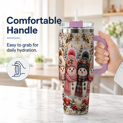 #pl[40oz|Pink] Festive Snowman 40oz Tumbler, Golden Winter Stainless Steel Travel Cup