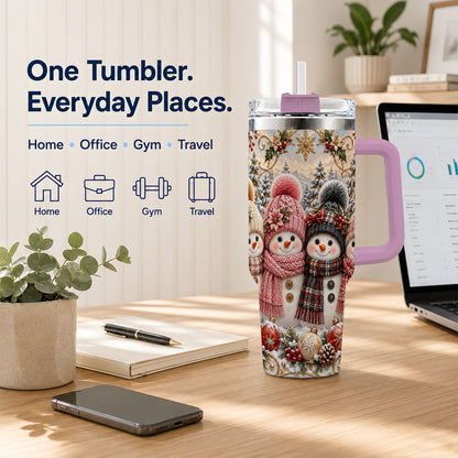 #pl[40oz|Pink] Festive Snowman 40oz Tumbler, Golden Winter Stainless Steel Travel Cup