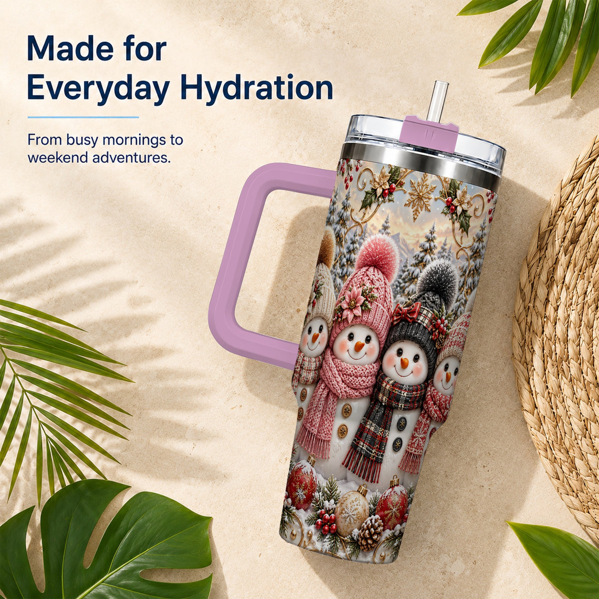 #pl[40oz|Pink] Festive Snowman 40oz Tumbler, Golden Winter Stainless Steel Travel Cup