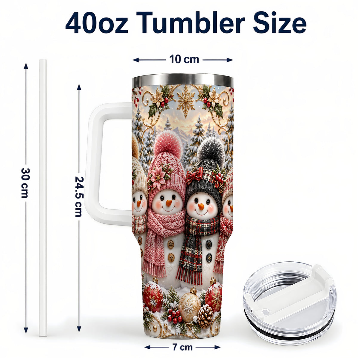 #pl[40oz|White] Festive Snowman 40oz Tumbler, Golden Winter Stainless Steel Travel Cup