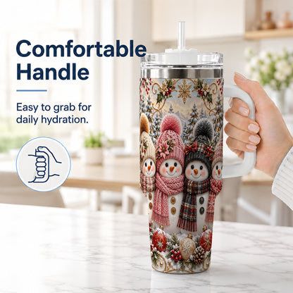 #pl[40oz|White] Festive Snowman 40oz Tumbler, Golden Winter Stainless Steel Travel Cup