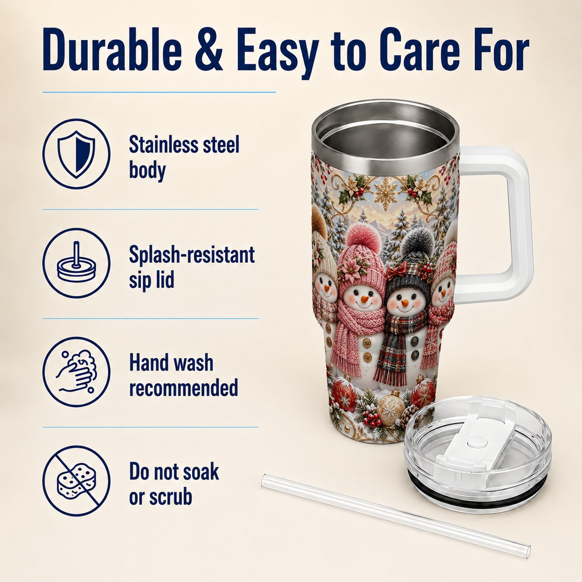 #pl[40oz|White] Festive Snowman 40oz Tumbler, Golden Winter Stainless Steel Travel Cup