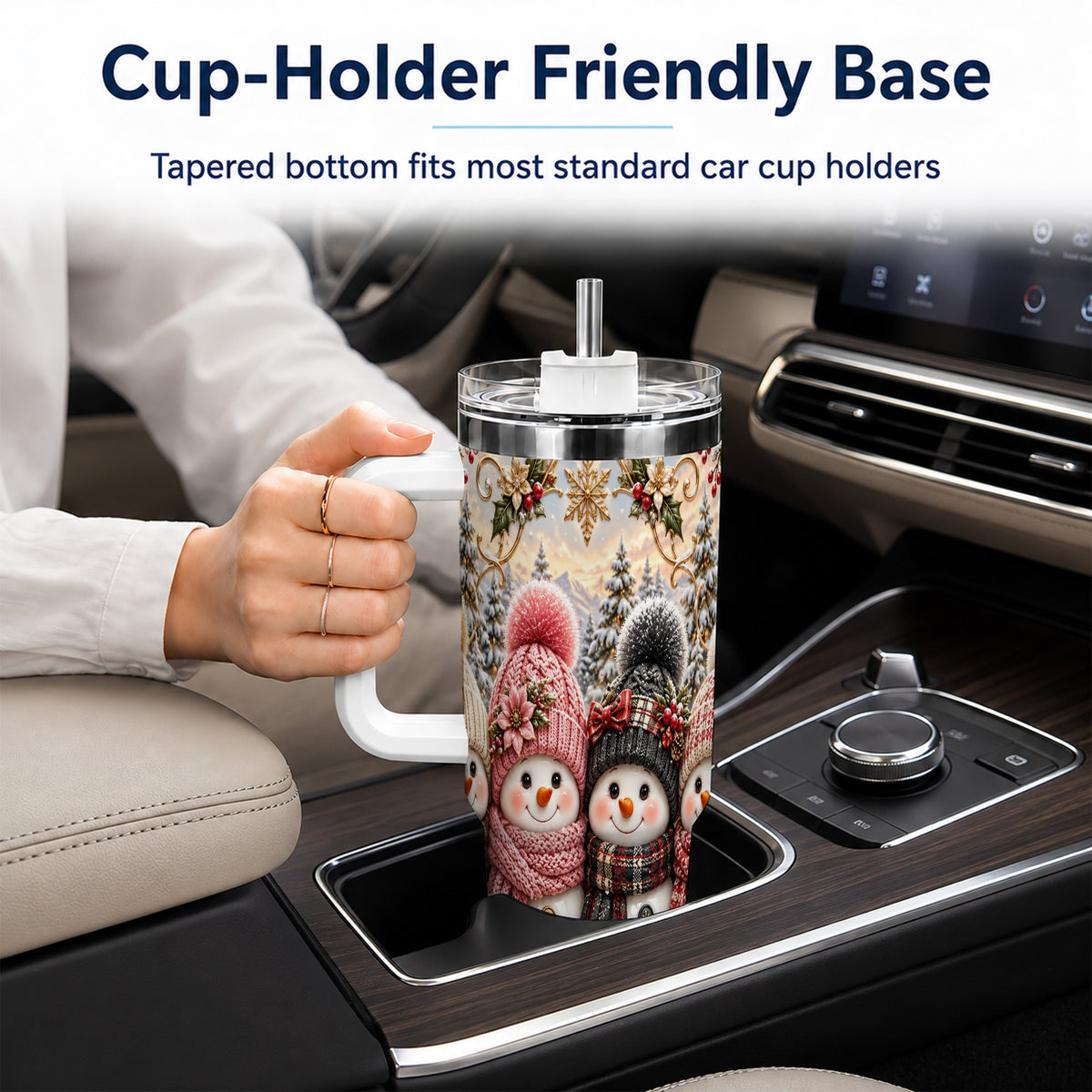 #pl[40oz|White] Festive Snowman 40oz Tumbler, Golden Winter Stainless Steel Travel Cup