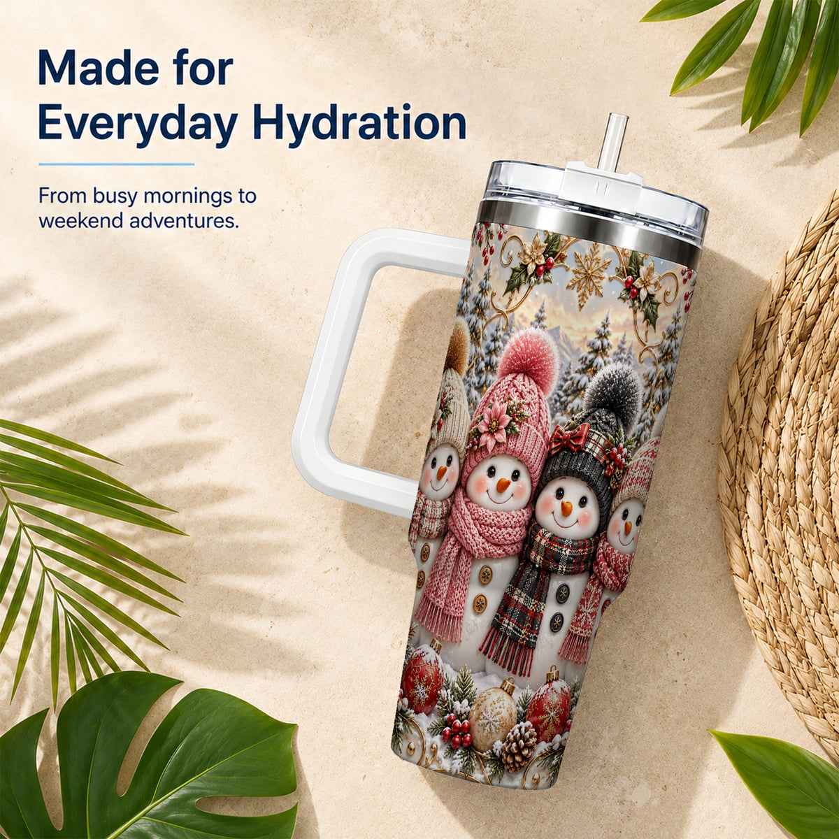 #pl[40oz|White] Festive Snowman 40oz Tumbler, Golden Winter Stainless Steel Travel Cup