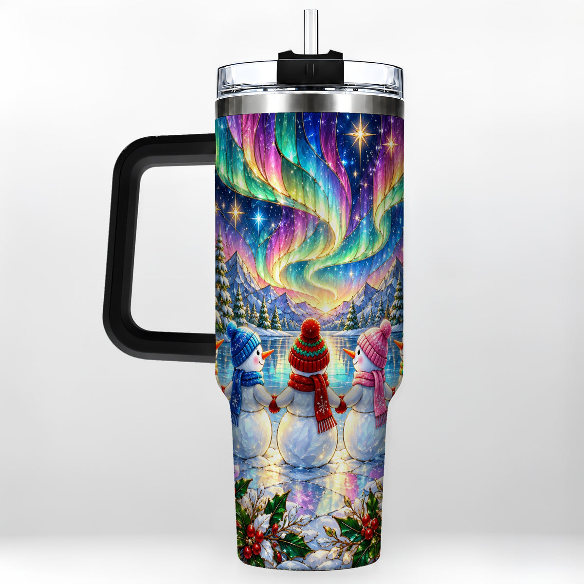 #pl[40oz|Black] Aurora Snowmen 40oz Tumbler with Handle, Winter Stainless Steel Travel Cup