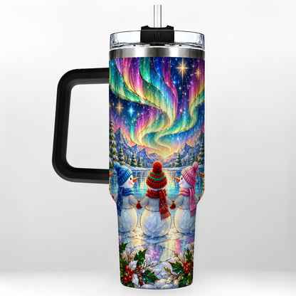 #pl[40oz|Black] Aurora Snowmen 40oz Tumbler with Handle, Winter Stainless Steel Travel Cup