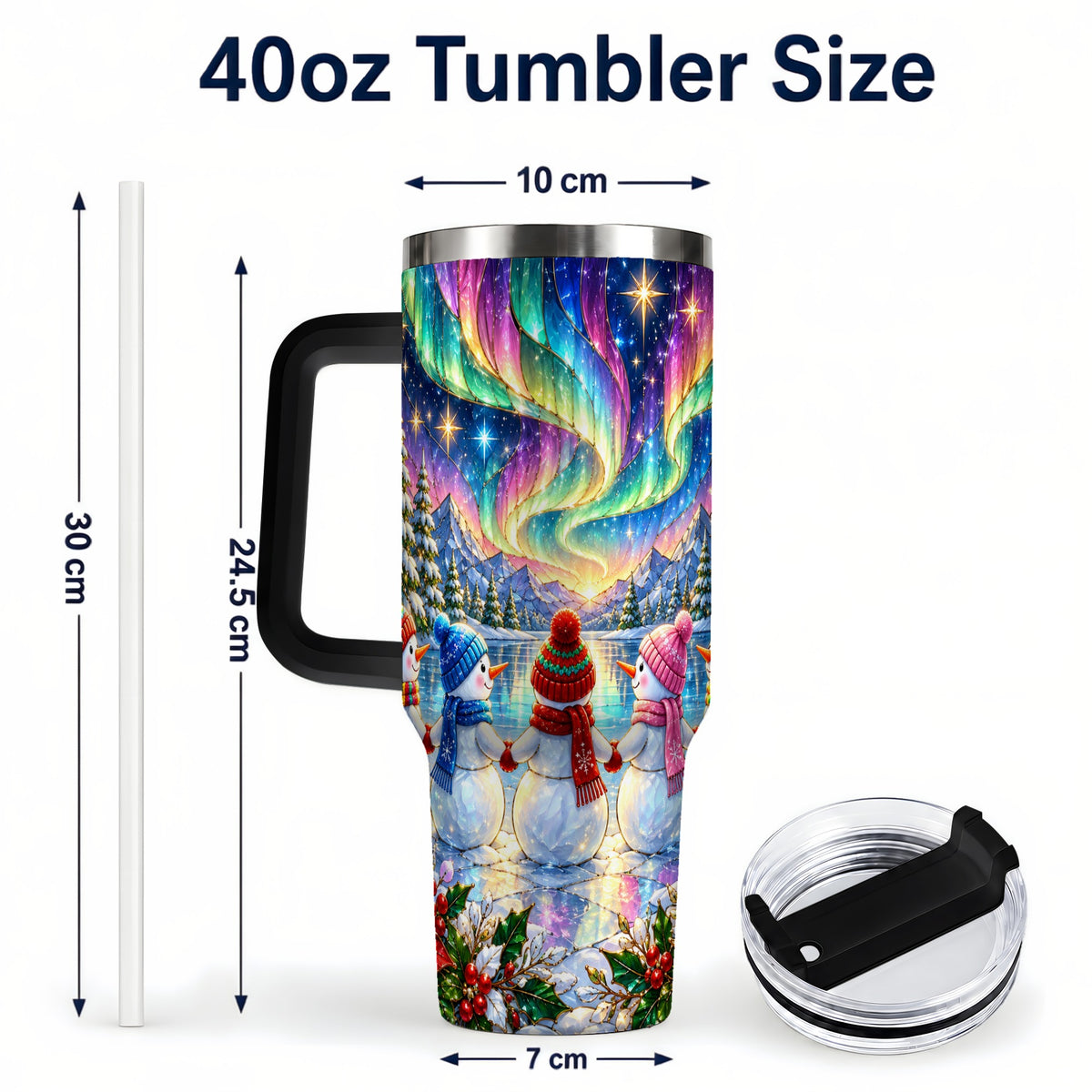 #pl[40oz|Black] Aurora Snowmen 40oz Tumbler with Handle, Winter Stainless Steel Travel Cup