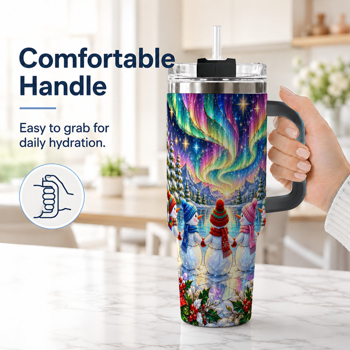 #pl[40oz|Black] Aurora Snowmen 40oz Tumbler with Handle, Winter Stainless Steel Travel Cup
