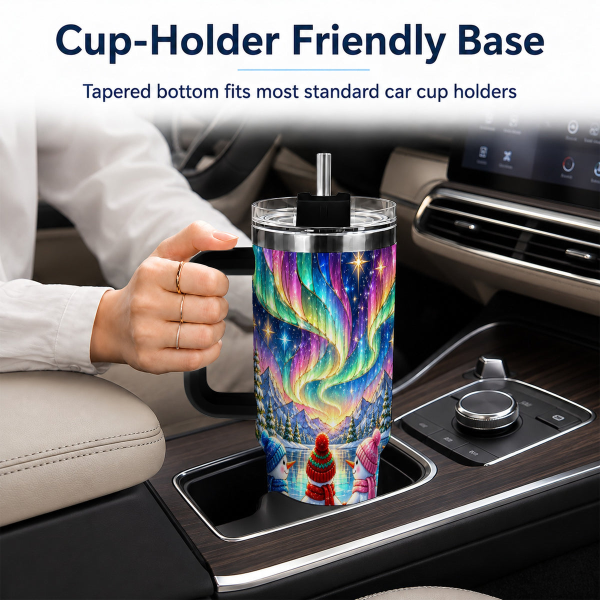 #pl[40oz|Black] Aurora Snowmen 40oz Tumbler with Handle, Winter Stainless Steel Travel Cup