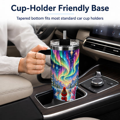 #pl[40oz|Black] Aurora Snowmen 40oz Tumbler with Handle, Winter Stainless Steel Travel Cup