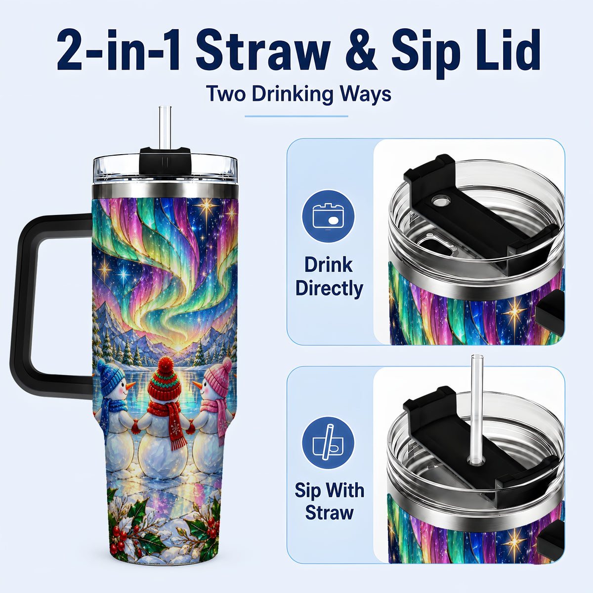 #pl[40oz|Black] Aurora Snowmen 40oz Tumbler with Handle, Winter Stainless Steel Travel Cup