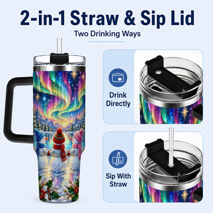 #pl[40oz|Black] Aurora Snowmen 40oz Tumbler with Handle, Winter Stainless Steel Travel Cup