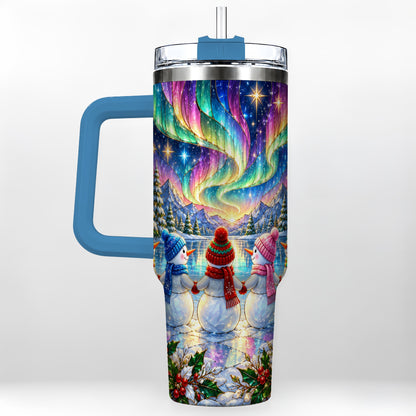 #pl[40oz|Blue] Aurora Snowmen 40oz Tumbler with Handle, Winter Stainless Steel Travel Cup