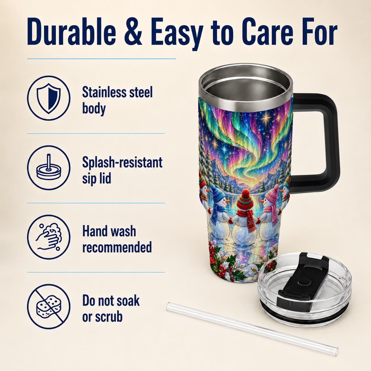 #pl[40oz|Black] Aurora Snowmen 40oz Tumbler with Handle, Winter Stainless Steel Travel Cup
