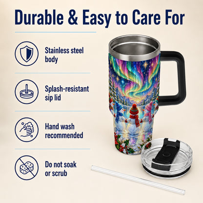 #pl[40oz|Black] Aurora Snowmen 40oz Tumbler with Handle, Winter Stainless Steel Travel Cup