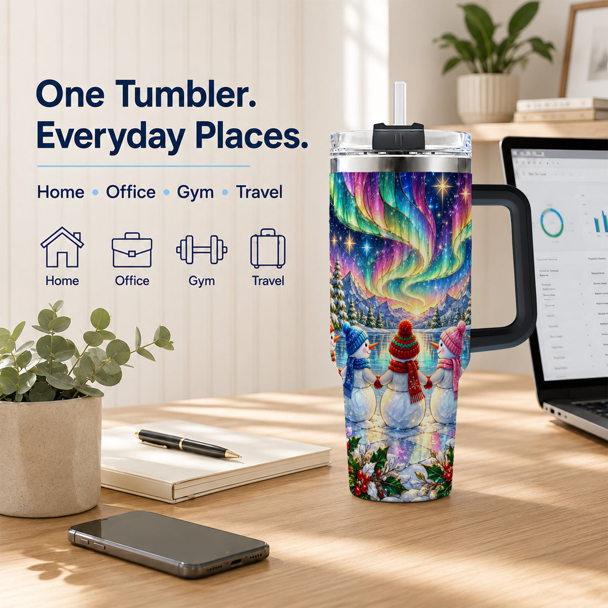 #pl[40oz|Black] Aurora Snowmen 40oz Tumbler with Handle, Winter Stainless Steel Travel Cup