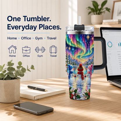 #pl[40oz|Black] Aurora Snowmen 40oz Tumbler with Handle, Winter Stainless Steel Travel Cup